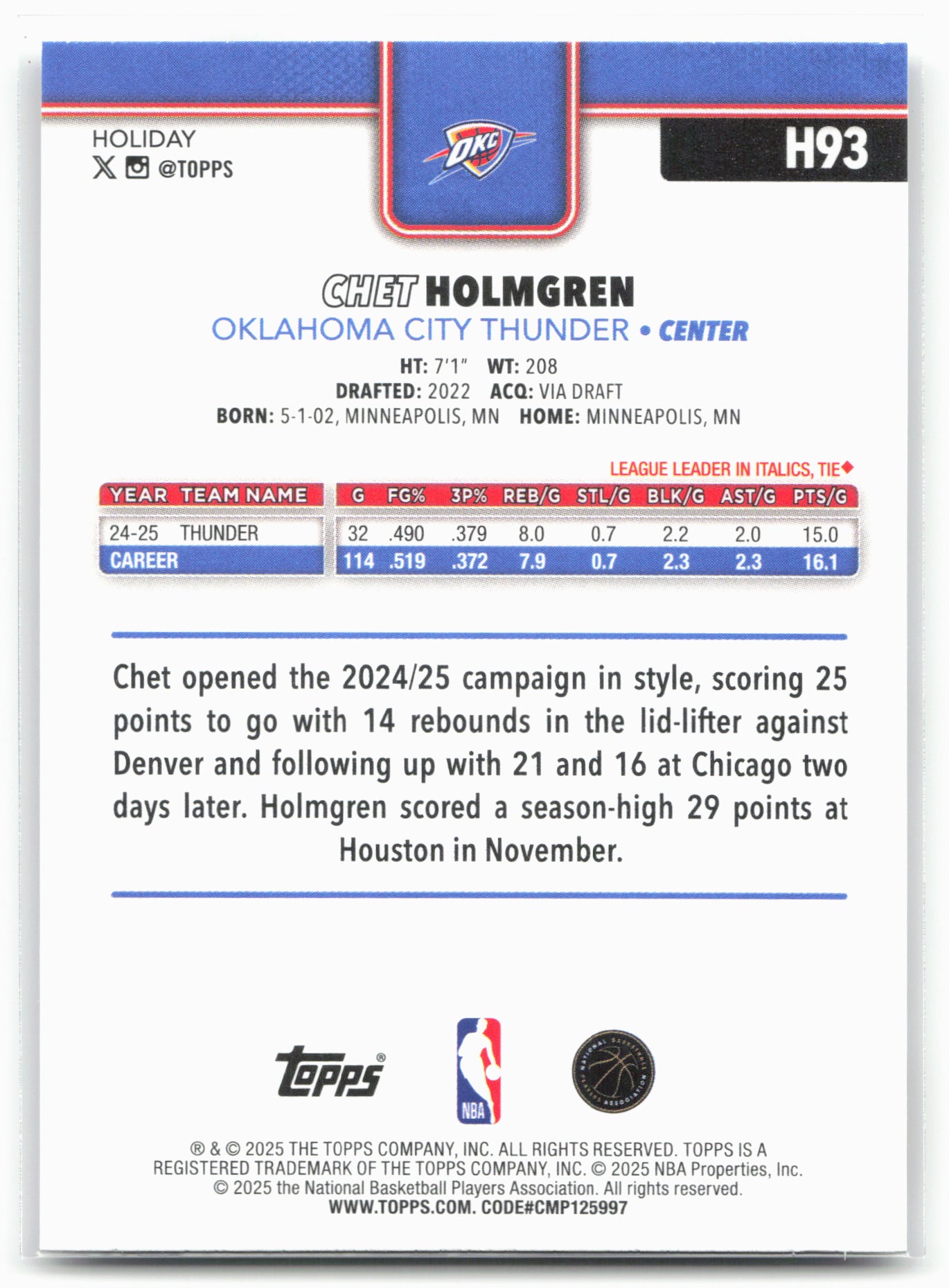 2025-26 Topps Holiday #H93 Chet Holmgren