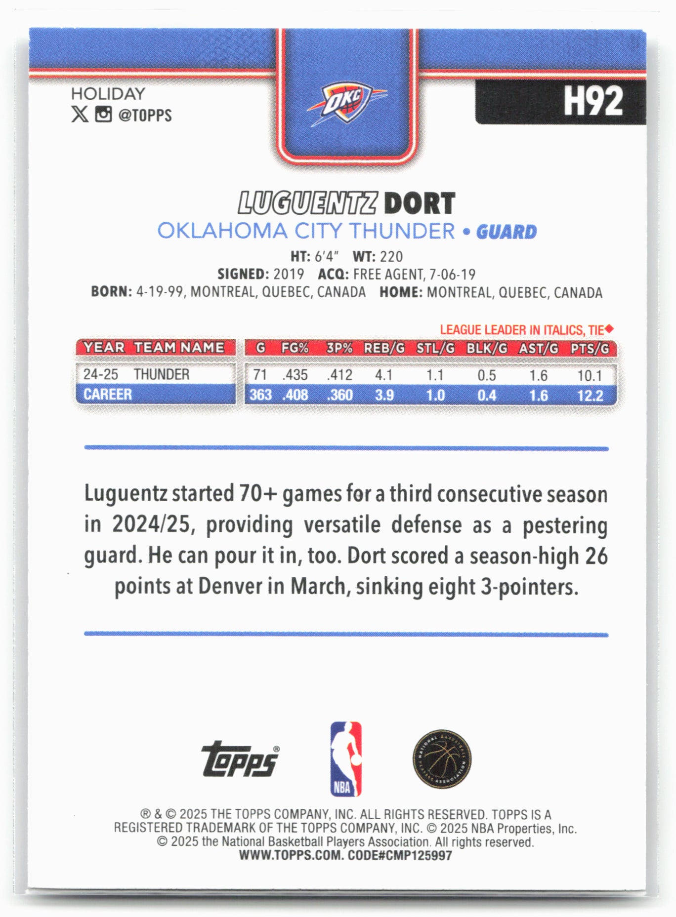 2025-26 Topps Holiday #H92 Luguentz Dort