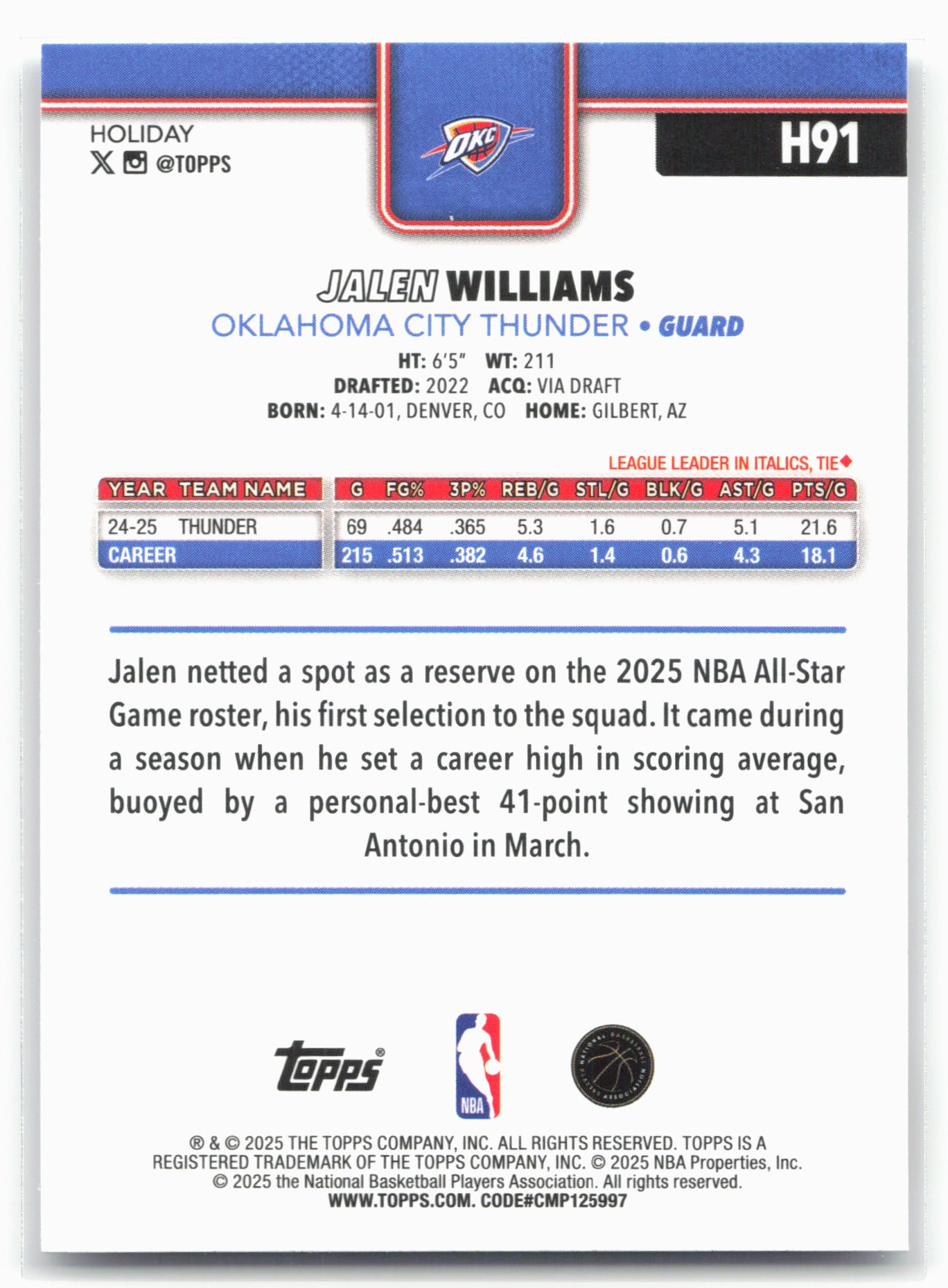 2025-26 Topps Holiday #H91 Jalen Williams
