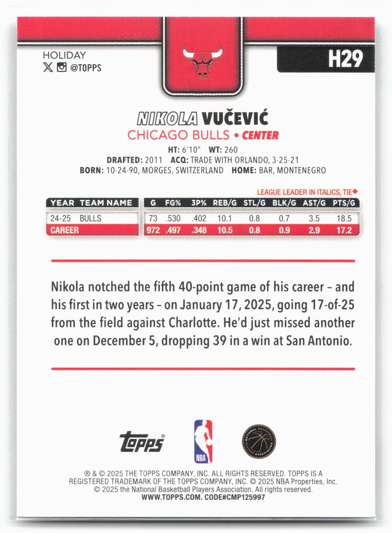 2025-26 Topps Holiday #H29 Nikola Vučević