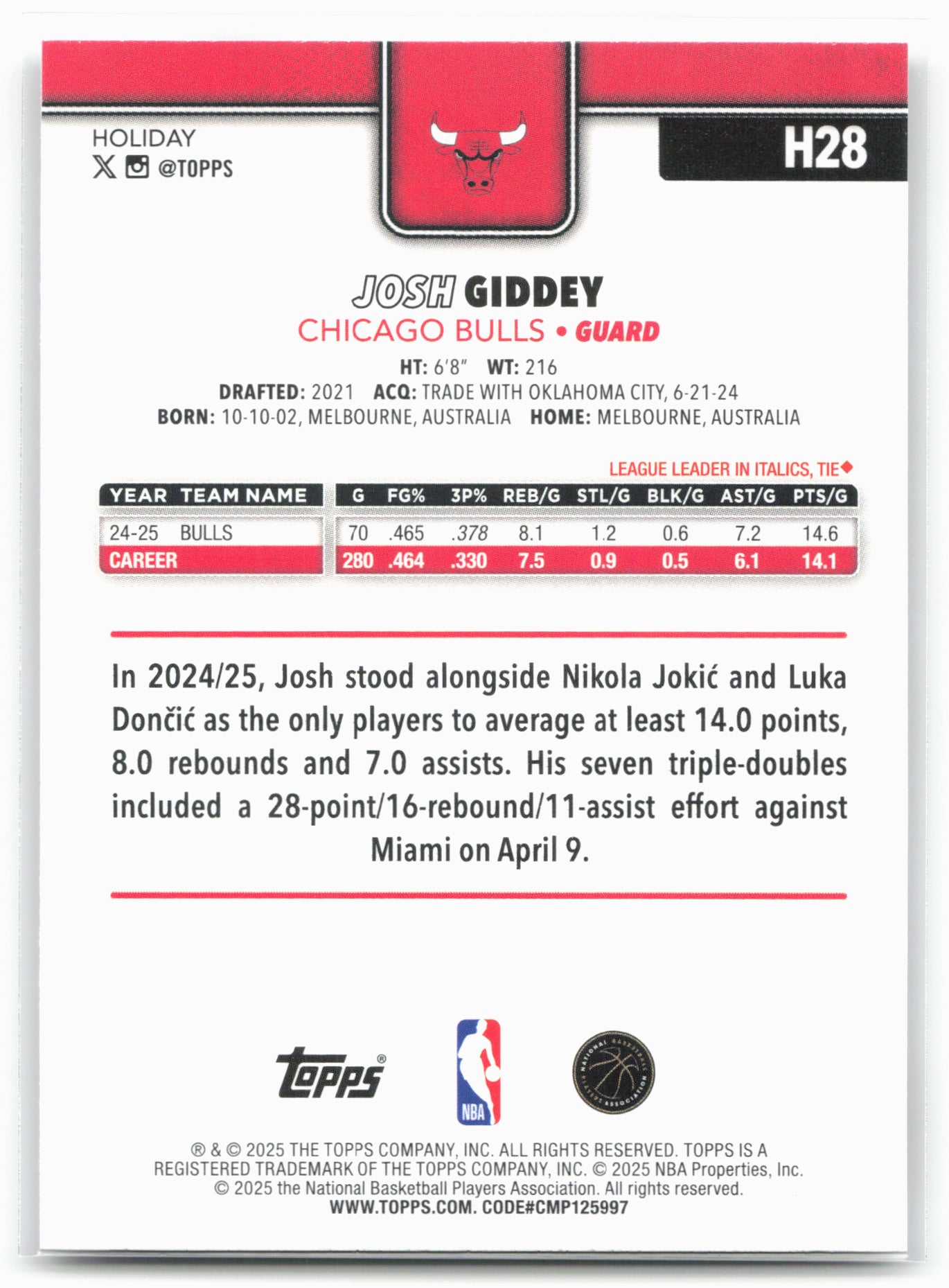 2025-26 Topps Holiday #H28 Josh Giddey