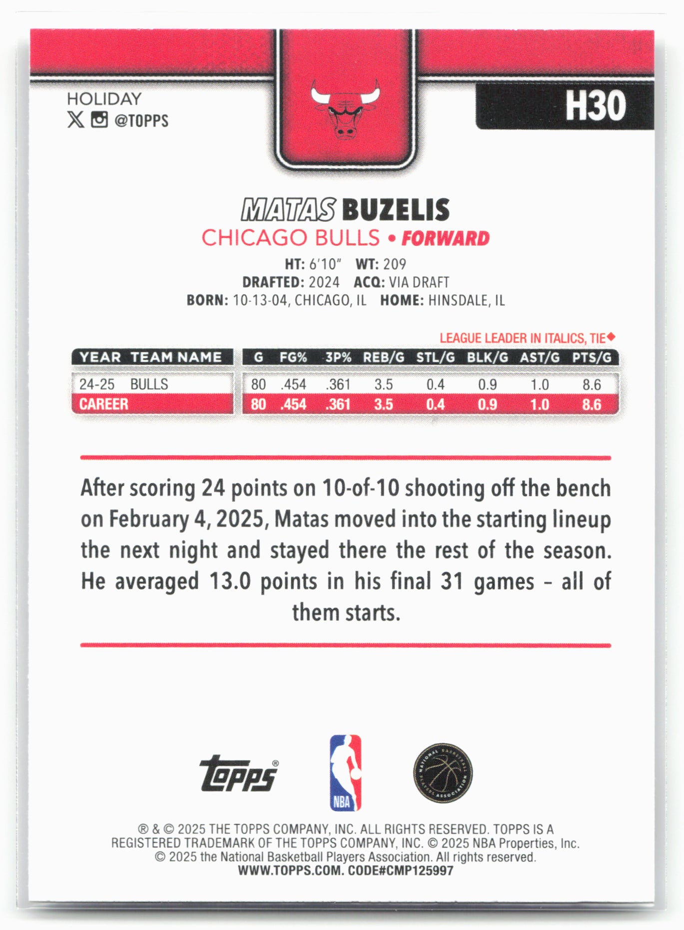 2025-26 Topps Holiday #H30 Matas Buzelis