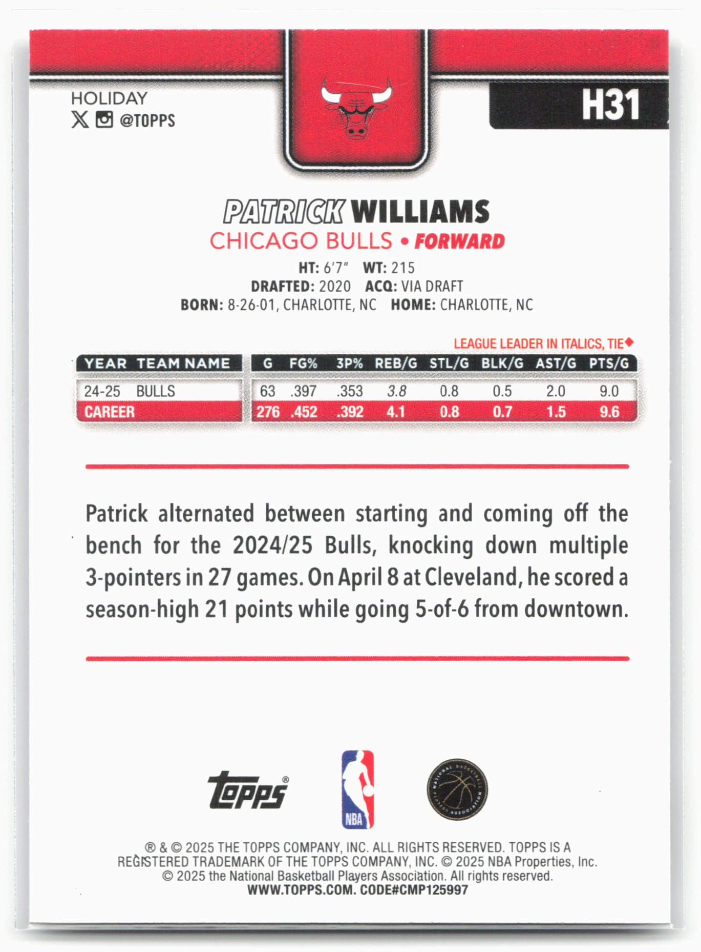 2025-26 Topps Holiday #H31 Patrick Williams