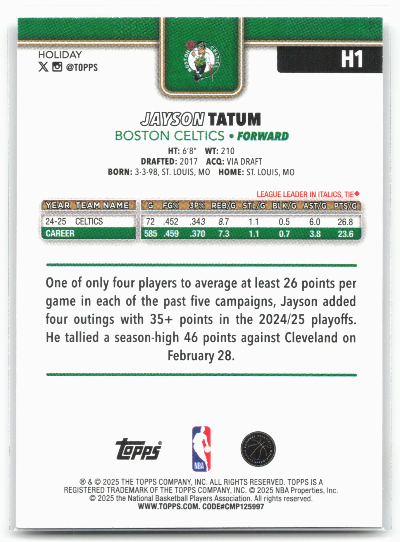 2025-26 Topps Holiday #H1 Jayson Tatum