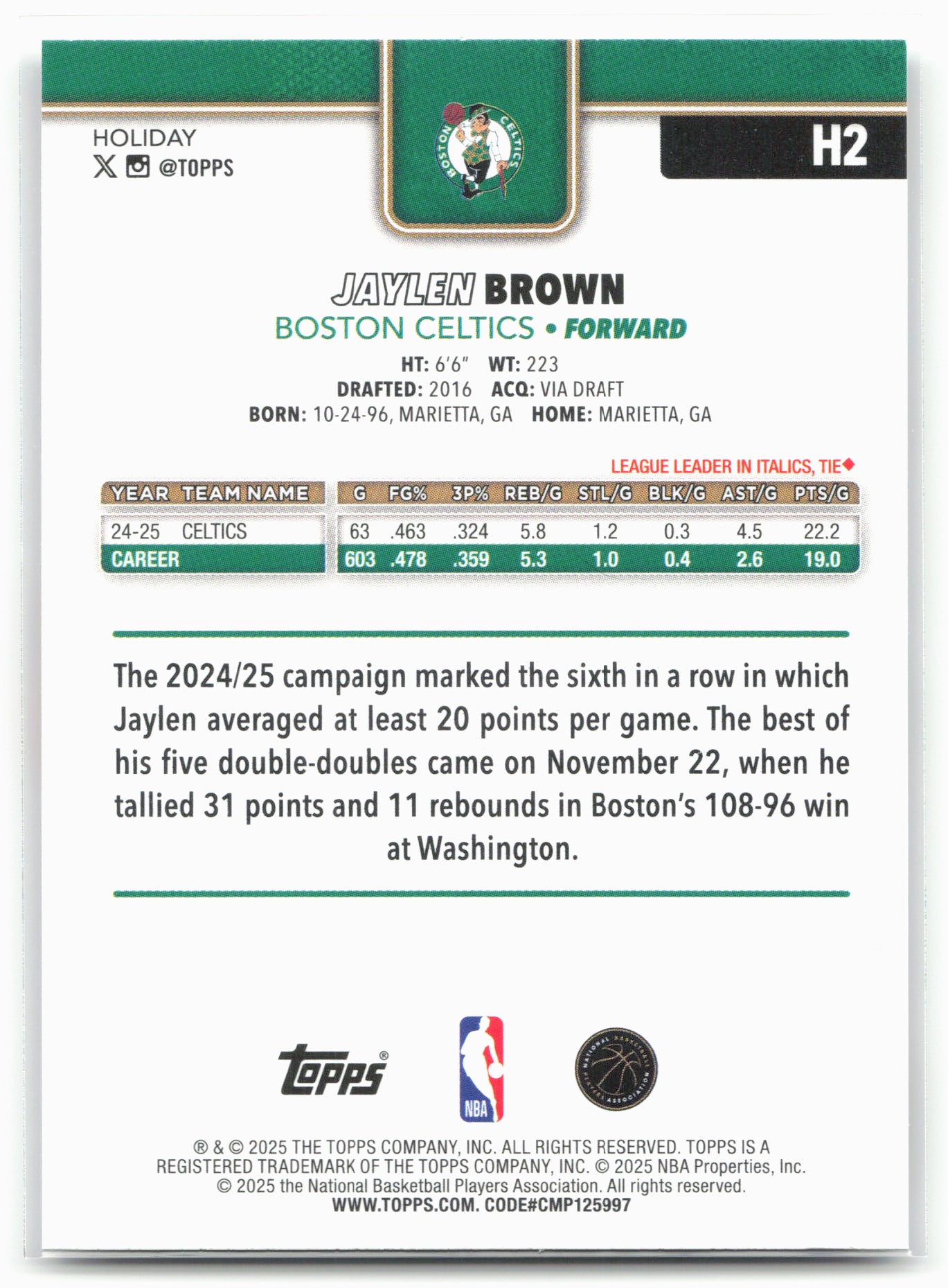 2025-26 Topps Holiday #H2 Jaylen Brown