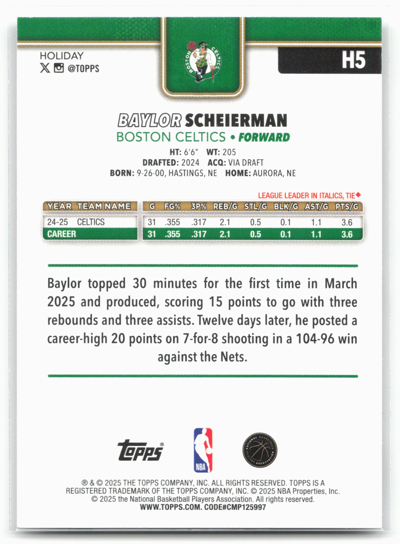 2025-26 Topps Holiday #H5 Baylor Scheierman