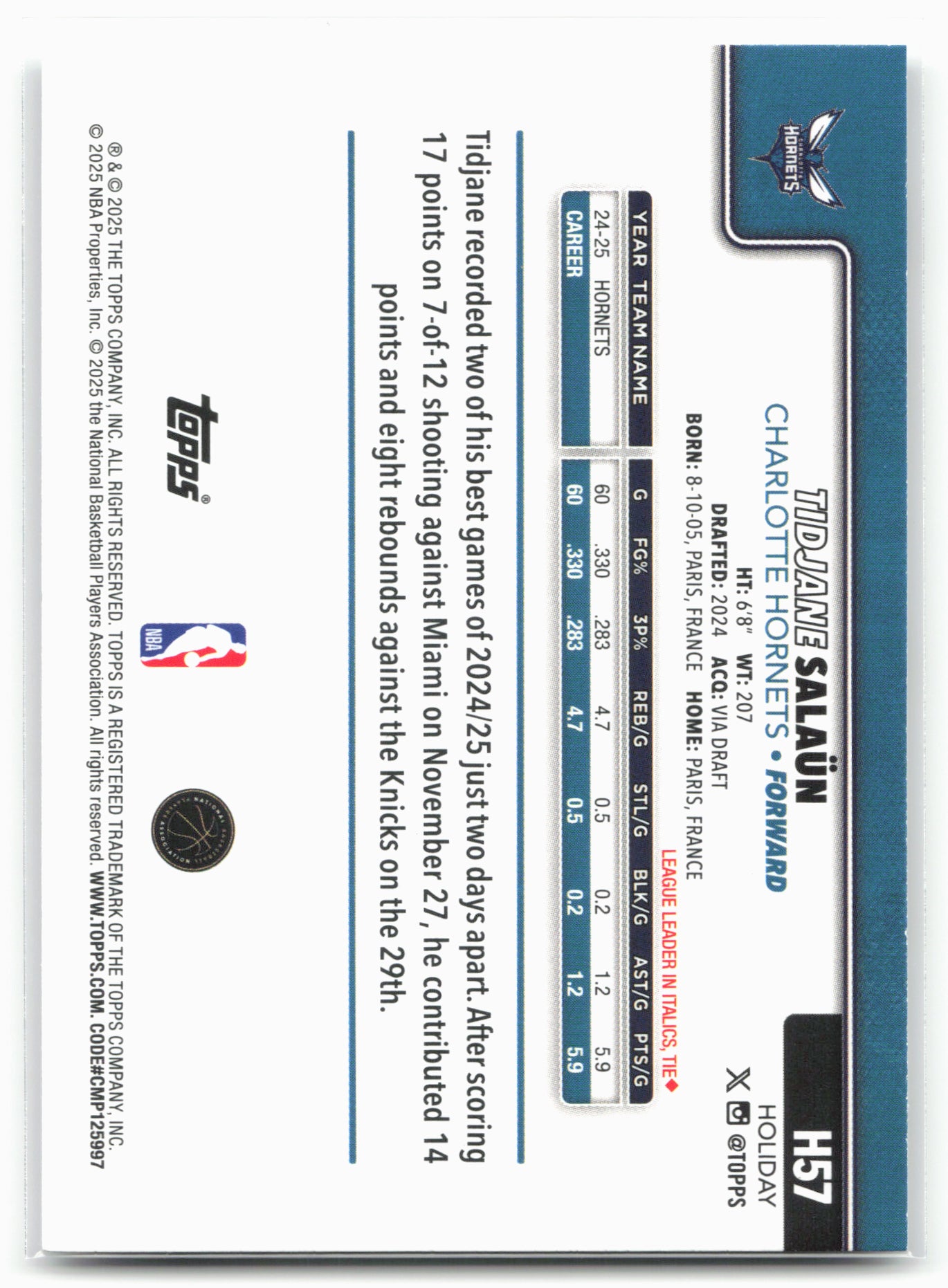 2025-26 Topps Holiday #H57 Tidjane Salaün