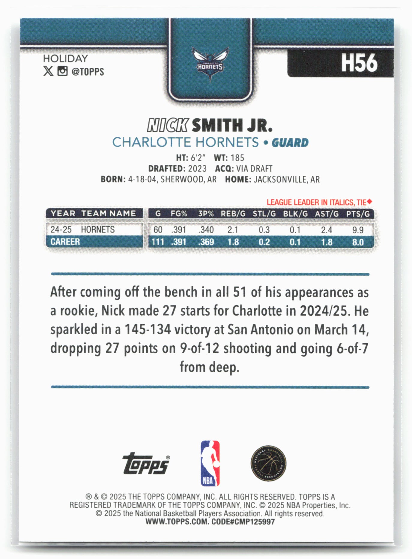 2025-26 Topps Holiday #H56 Nick Smith Jr.