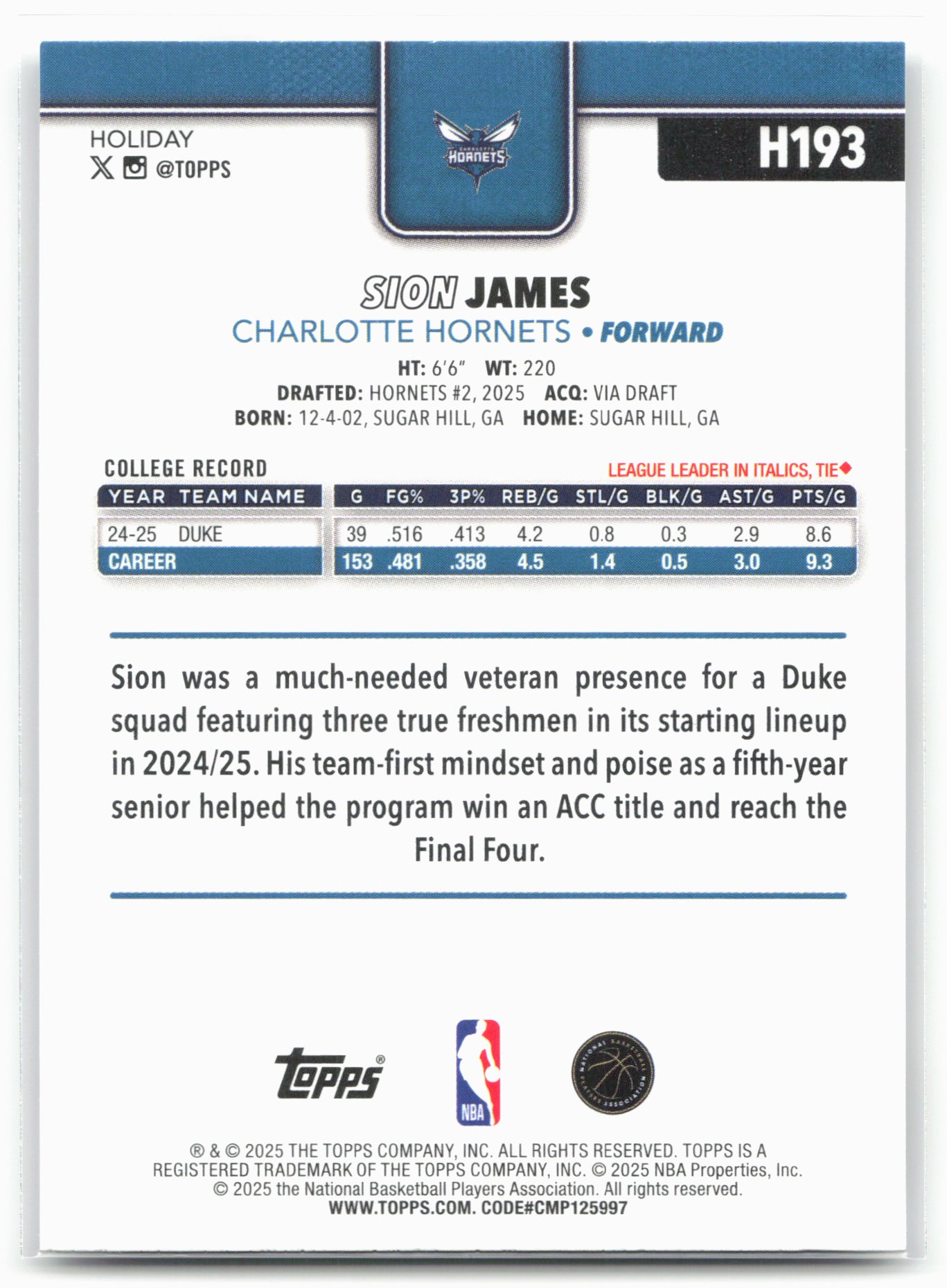 2025-26 Topps Holiday #H193 Sion James