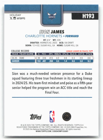 2025-26 Topps Holiday #H193 Sion James