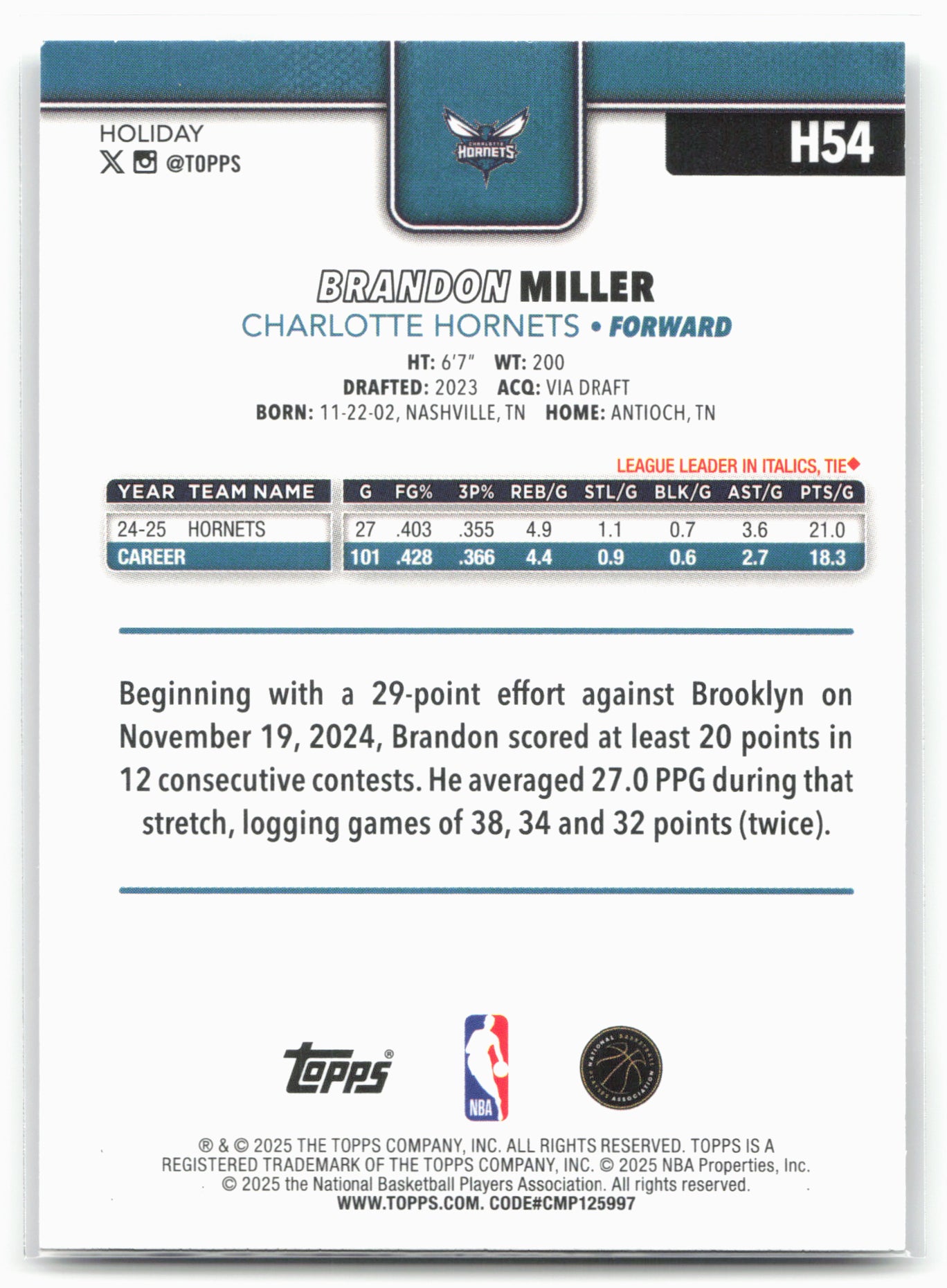 2025-26 Topps Holiday #H54 Brandon Miller