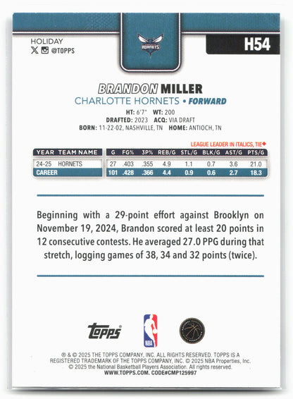 2025-26 Topps Holiday #H54 Brandon Miller