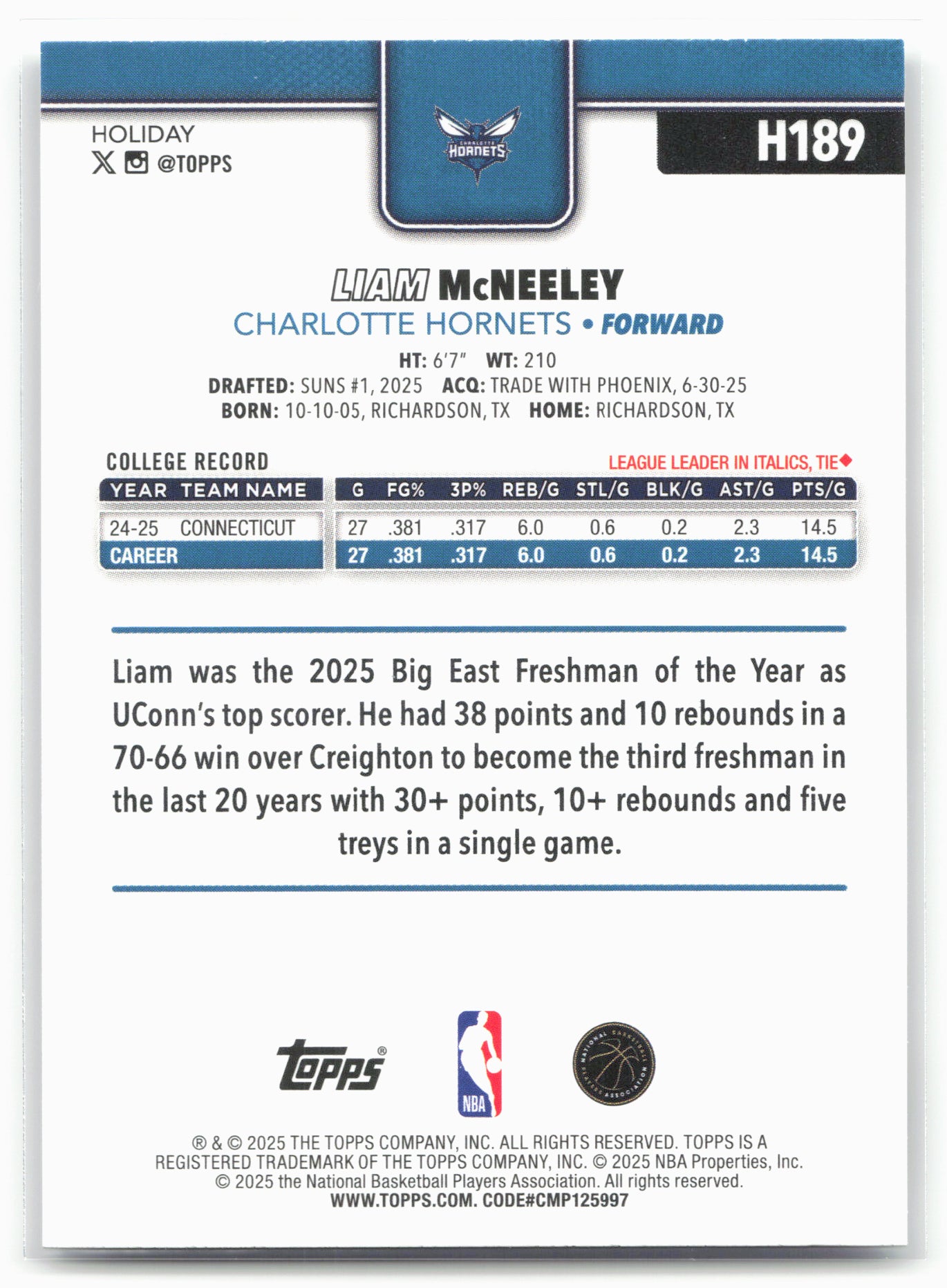 2025-26 Topps Holiday #H189 Liam McNeeley