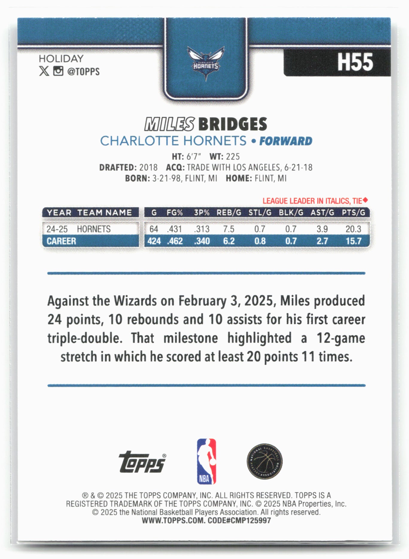 2025-26 Topps Holiday #H55 Miles Bridges