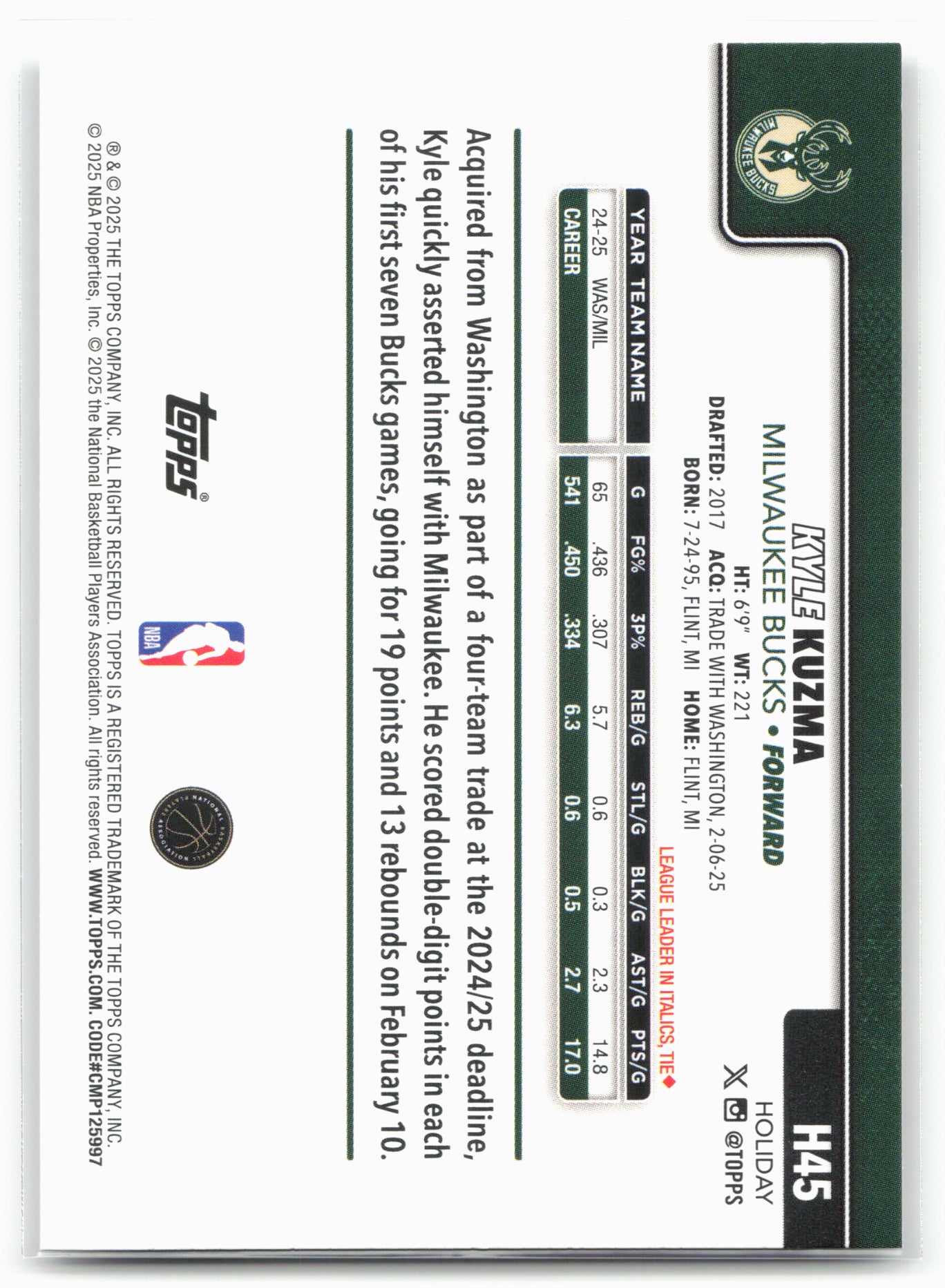 2025-26 Topps Holiday #H45 Kyle Kuzma