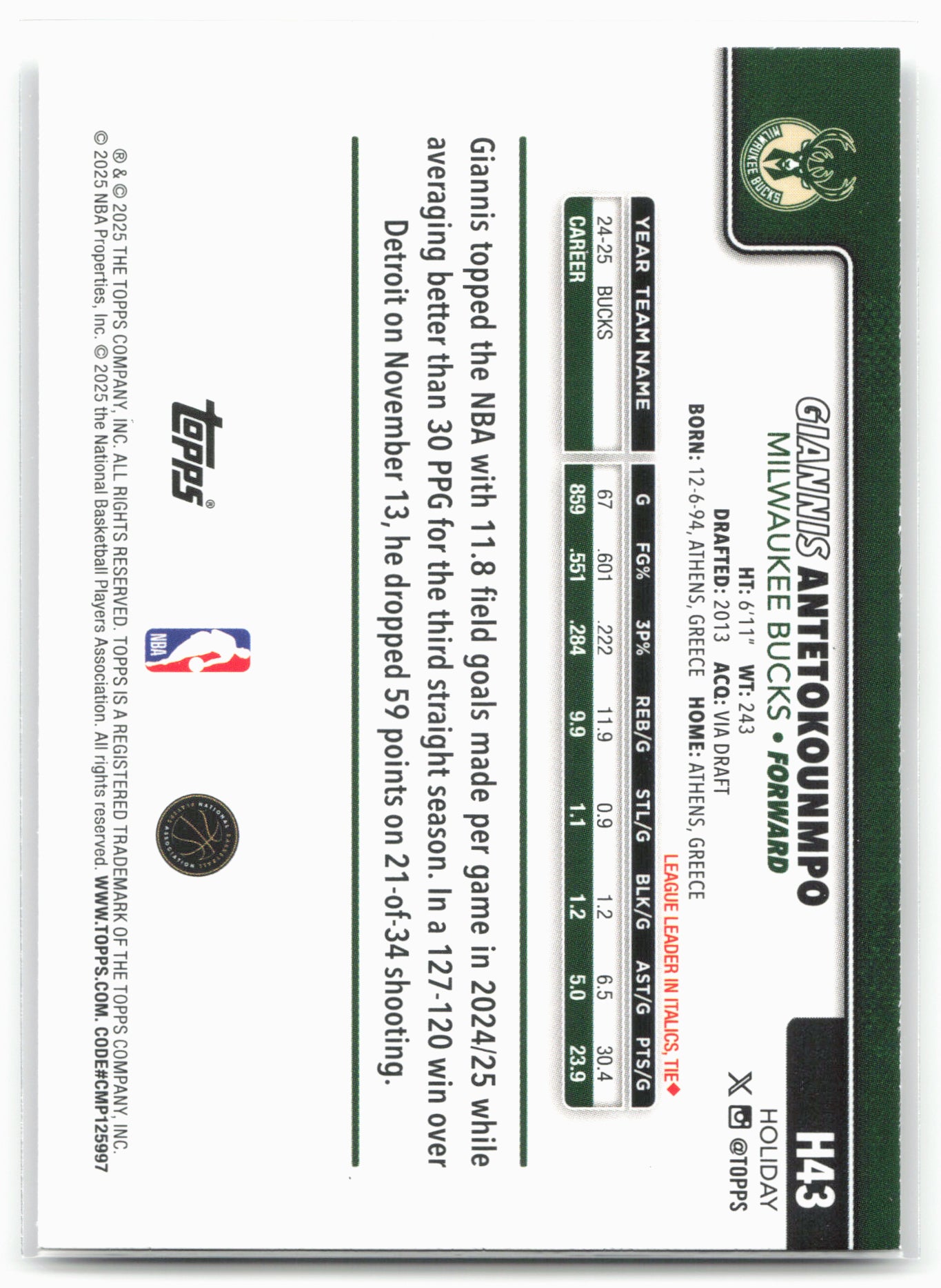2025-26 Topps Holiday #H43 Giannis Antetokounmpo