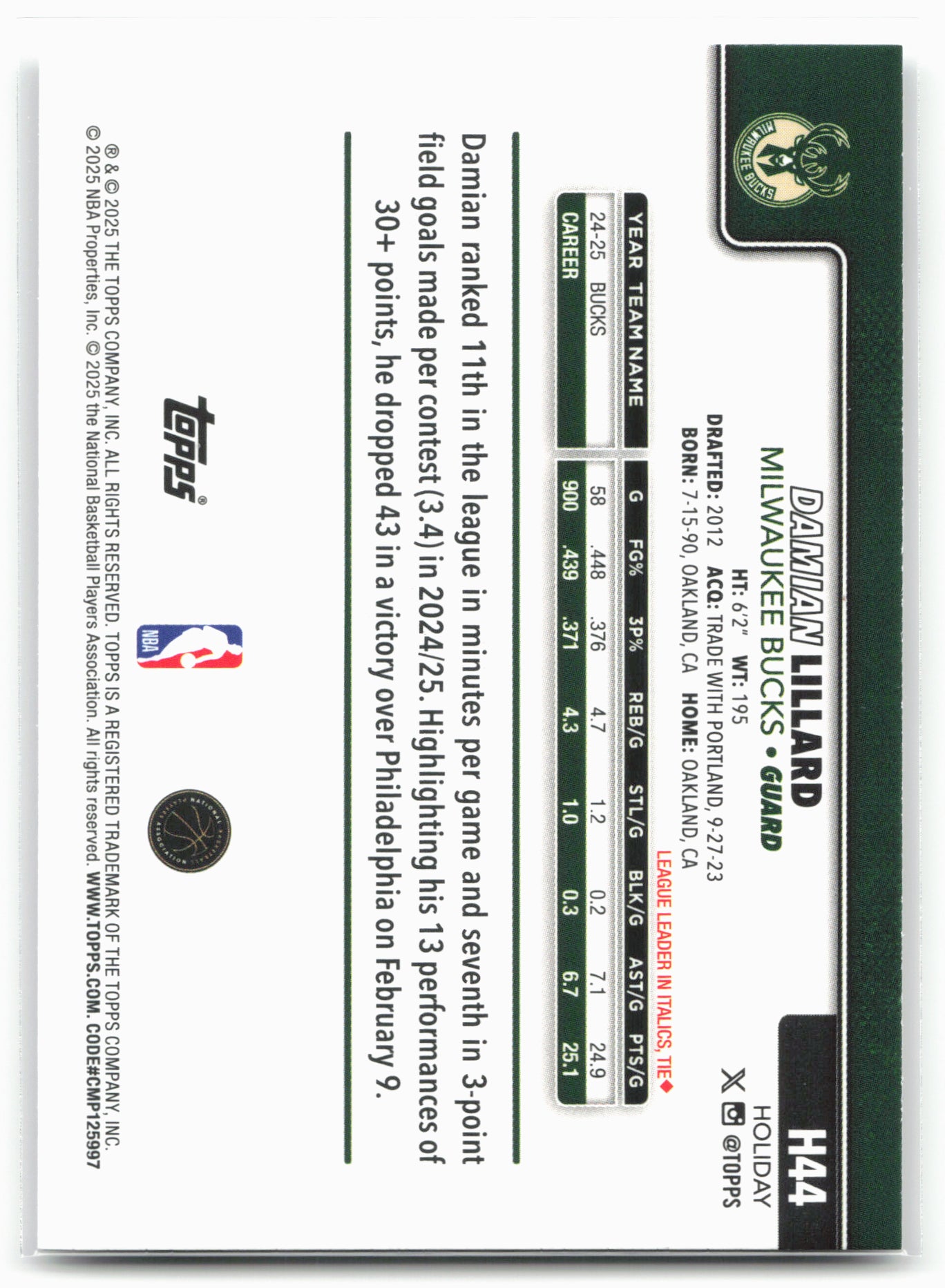 2025-26 Topps Holiday #H44 Damian Lillard