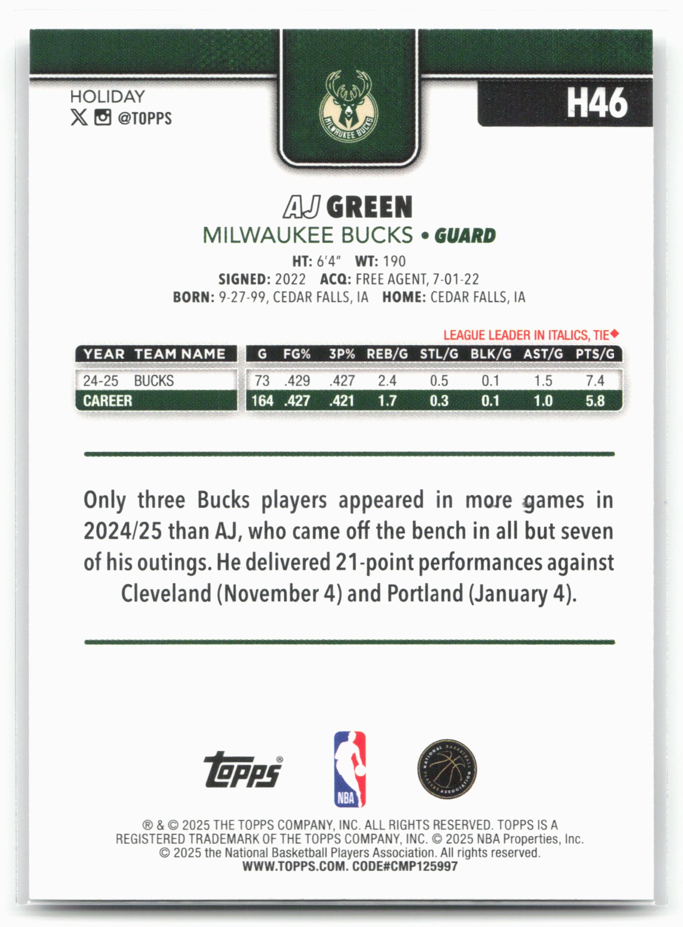 2025-26 Topps Holiday #H46 A.J. Green