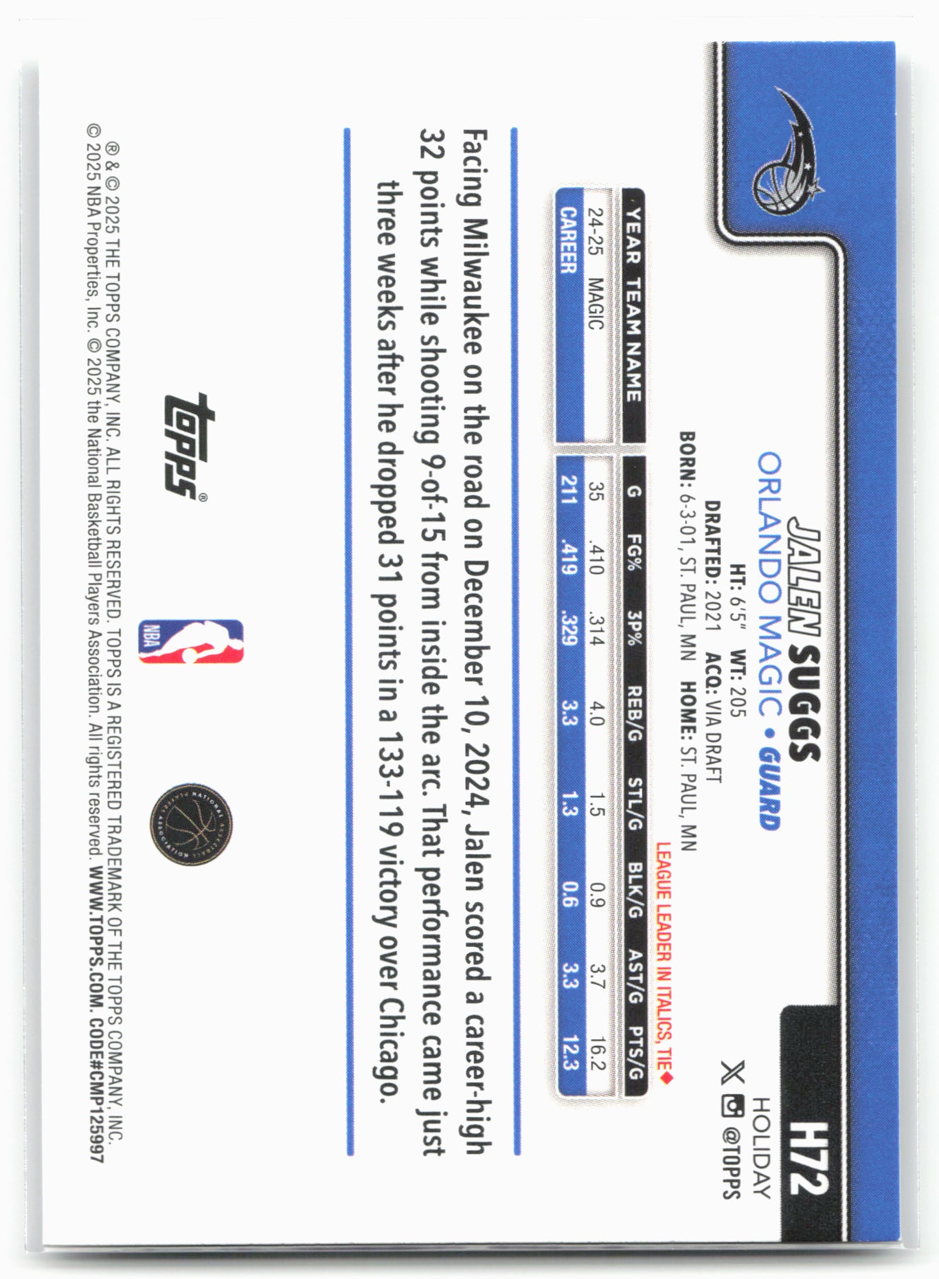 2025-26 Topps Holiday #H72 Jalen Suggs