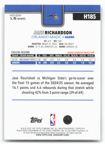 2025-26 Topps Holiday #H185 Jase Richardson