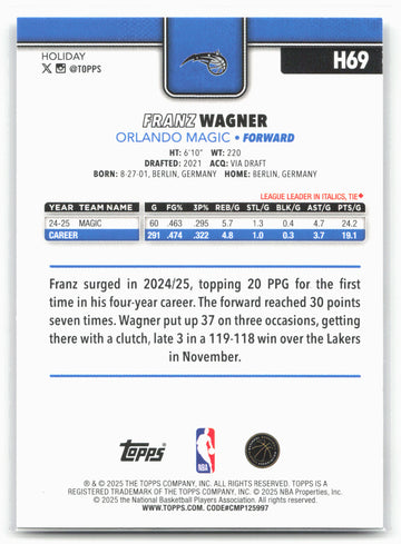 2025-26 Topps Holiday #H69 Franz Wagner