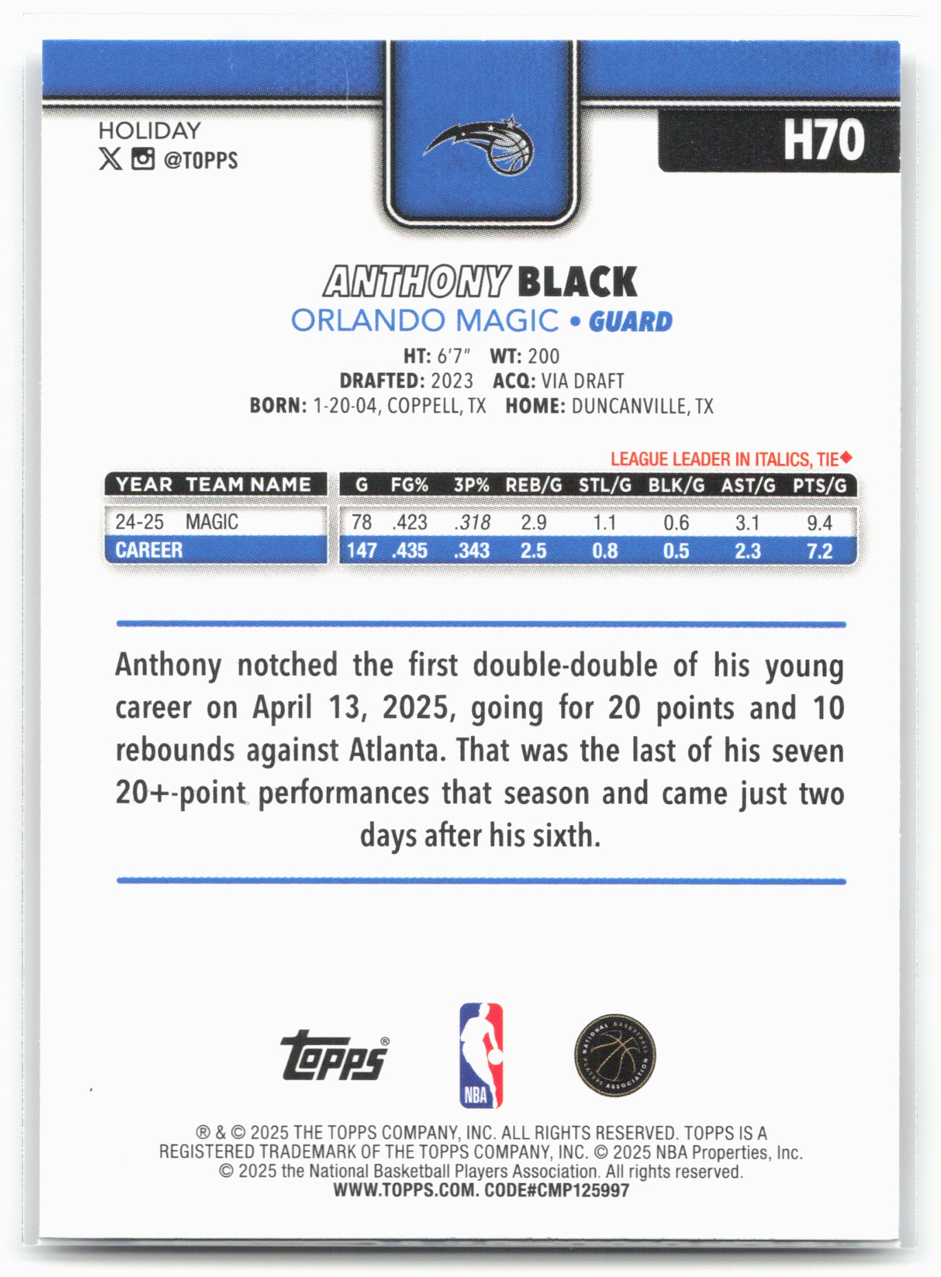 2025-26 Topps Holiday #H70 Anthony Black