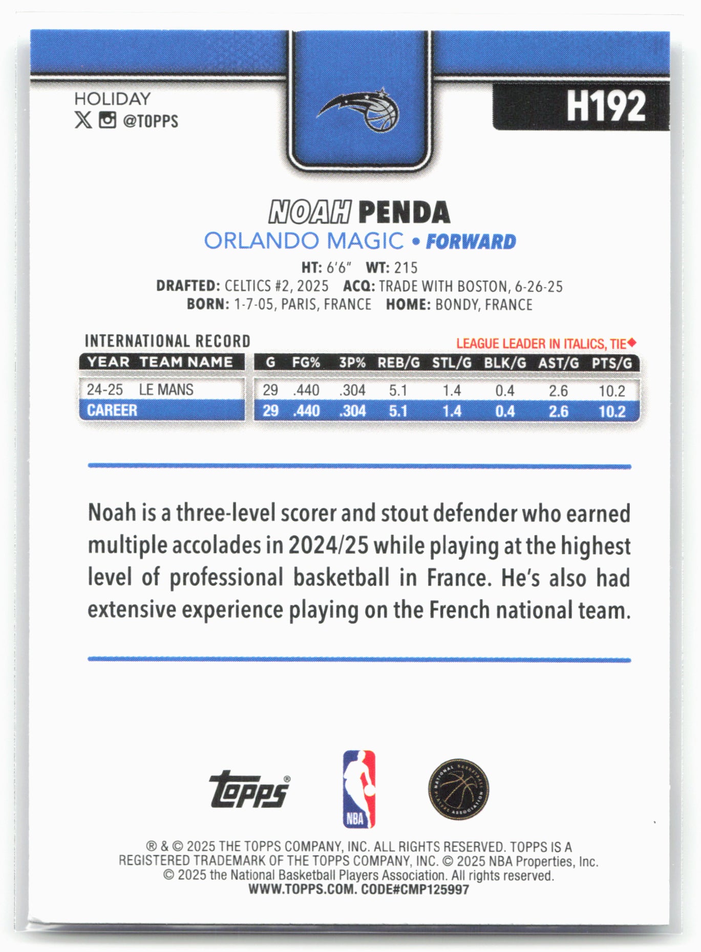 2025-26 Topps Holiday #H192 Noah Penda