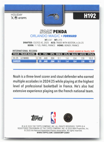 2025-26 Topps Holiday #H192 Noah Penda