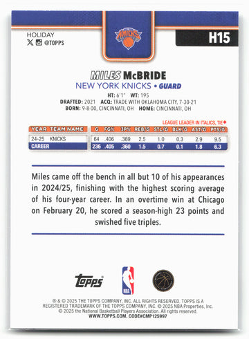 2025-26 Topps Holiday #H15 Miles McBride