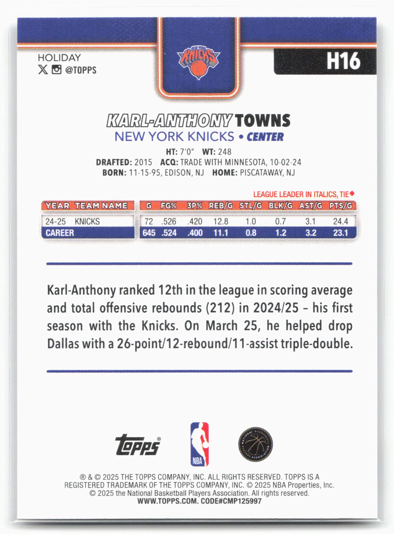 2025-26 Topps Holiday #H16 Karl-Anthony Towns
