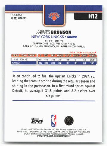 2025-26 Topps Holiday #H12 Jalen Brunson