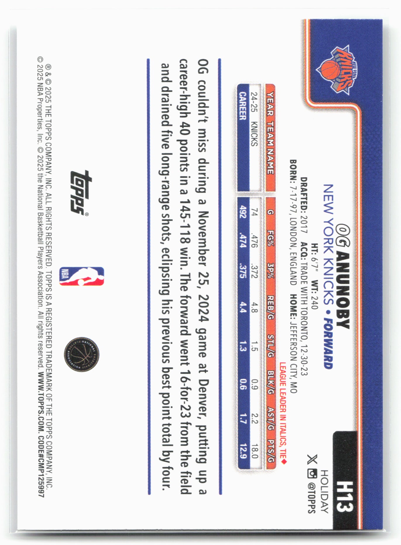 2025-26 Topps Holiday #H13 OG Anunoby