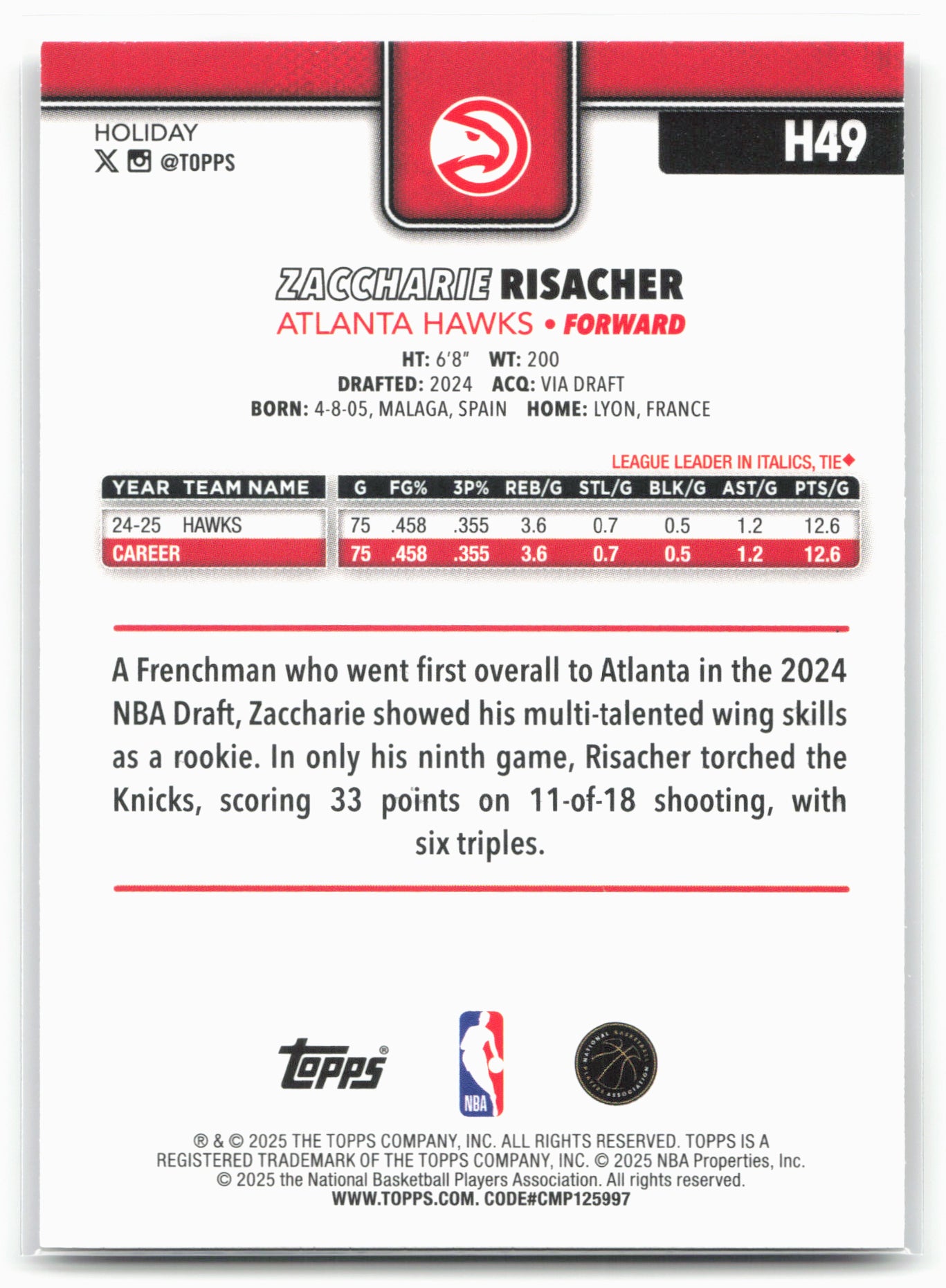 2025-26 Topps Holiday #H49 Zaccharie Risacher