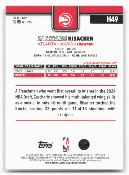 2025-26 Topps Holiday #H49 Zaccharie Risacher