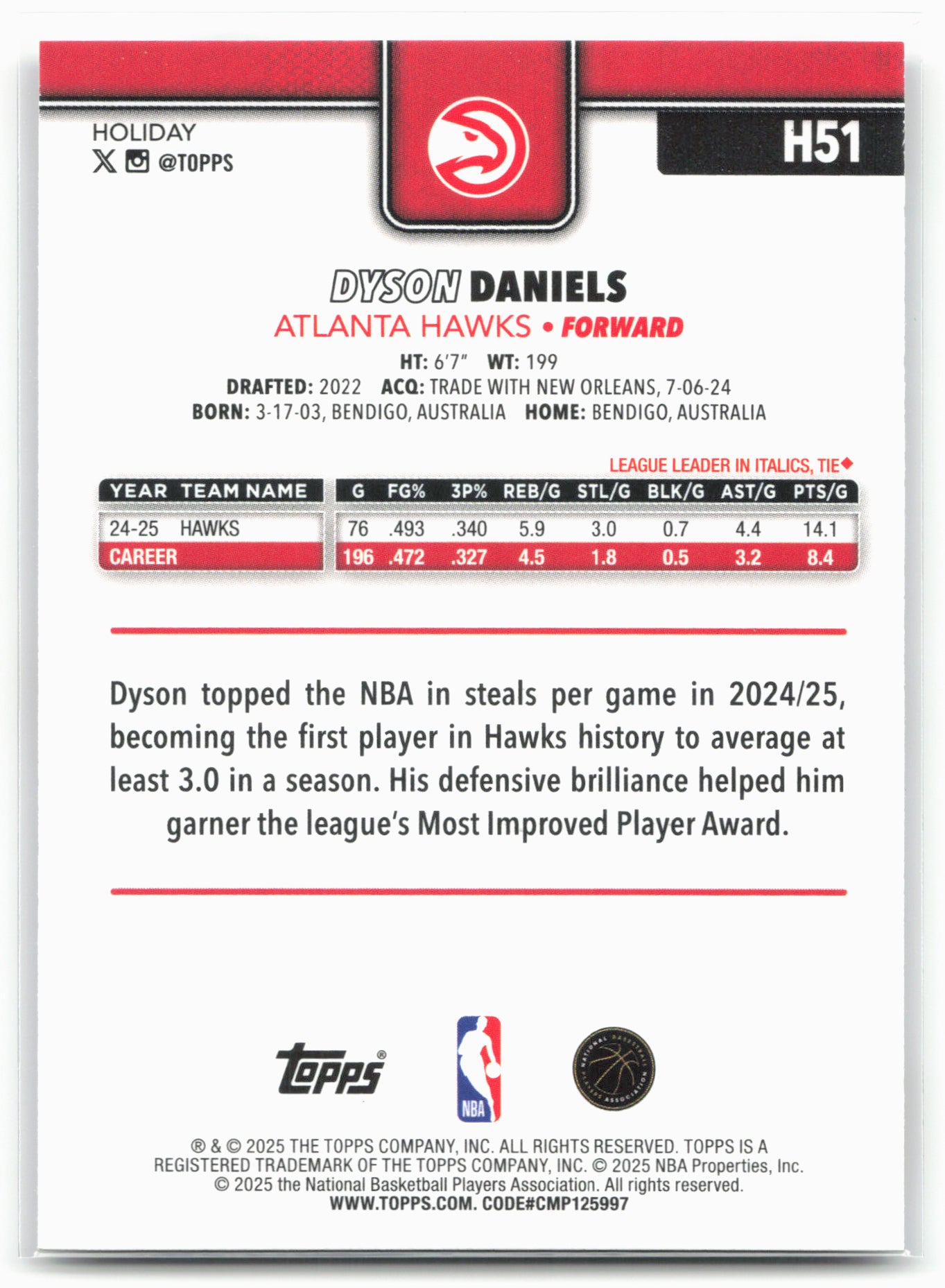 2025-26 Topps Holiday #H51 Dyson Daniels