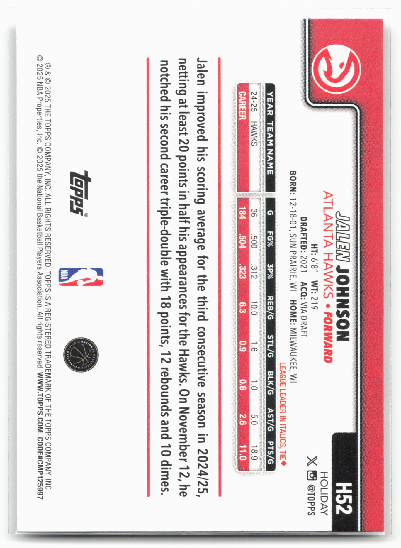 2025-26 Topps Holiday #H52 Jalen Johnson