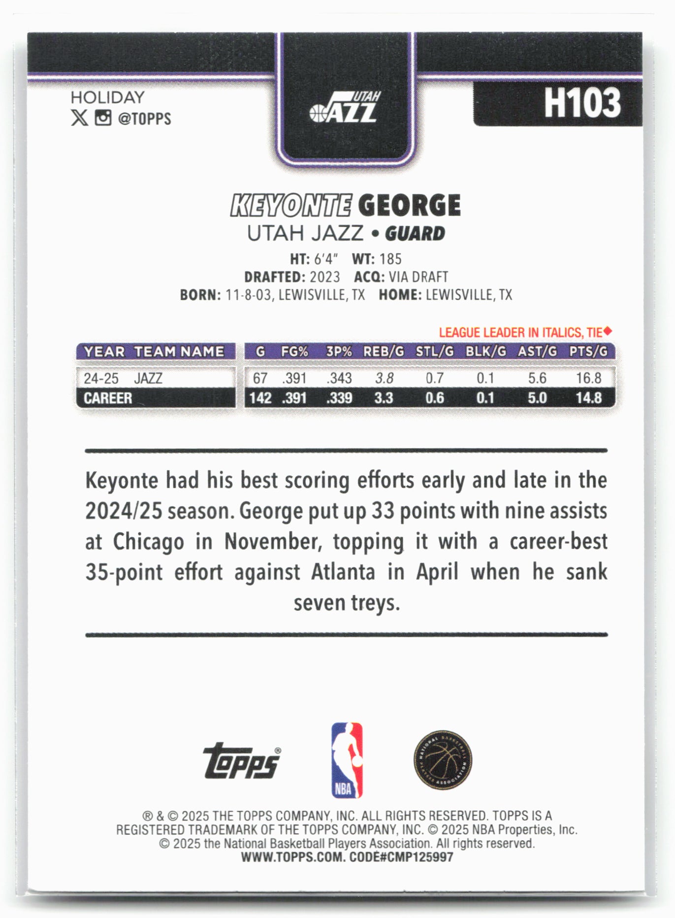 2025-26 Topps Holiday #H103 Keyonte George