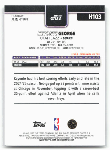 2025-26 Topps Holiday #H103 Keyonte George