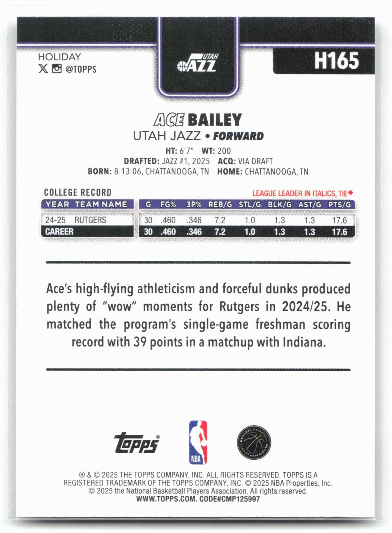 2025-26 Topps Holiday #H165 Ace Bailey