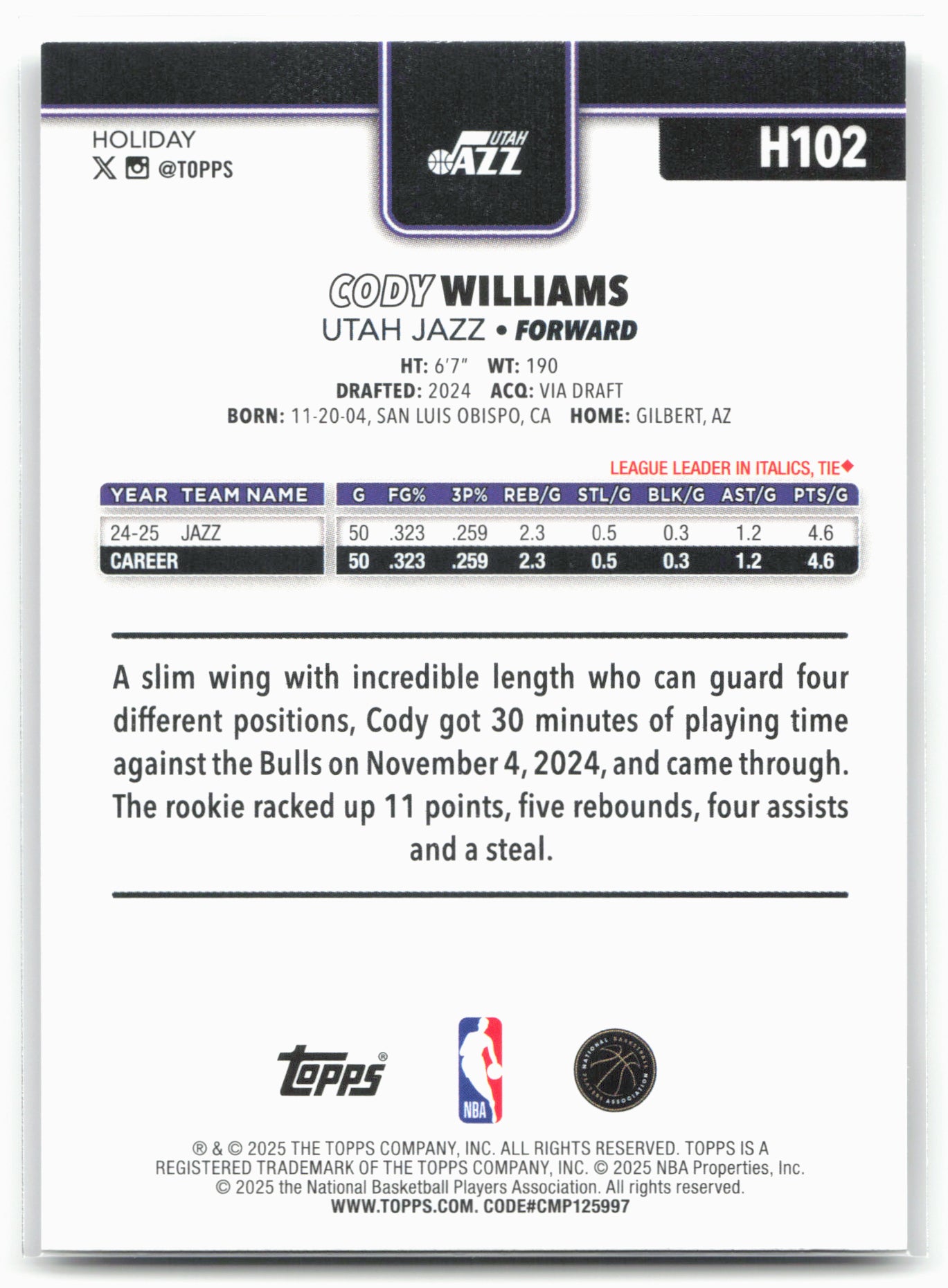 2025-26 Topps Holiday #H102 Cody Williams