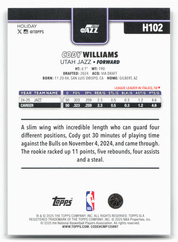 2025-26 Topps Holiday #H102 Cody Williams