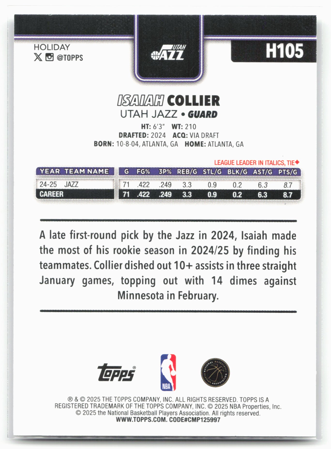 2025-26 Topps Holiday #H105 Isaiah Collier