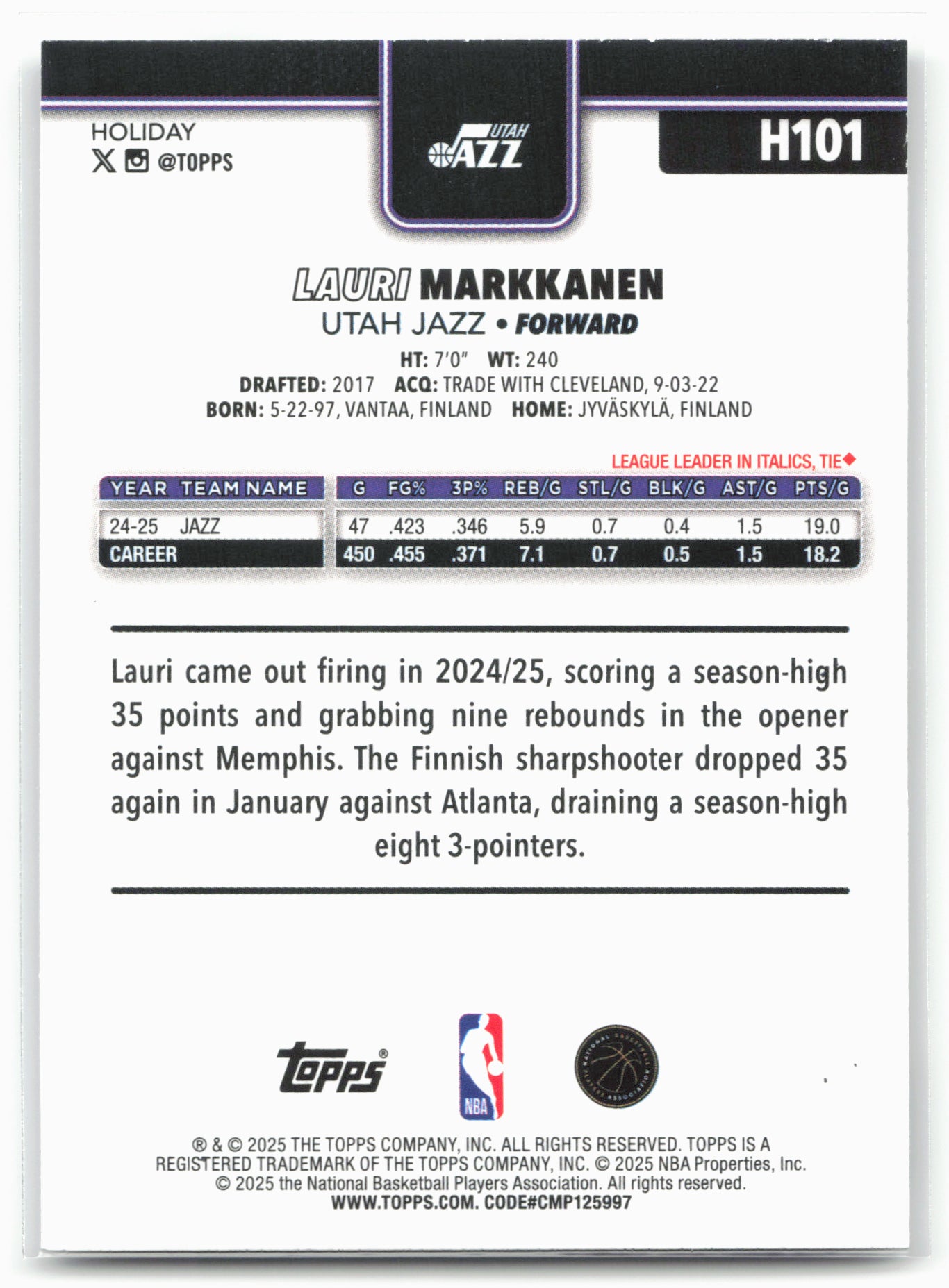 2025-26 Topps Holiday #H101 Lauri Markkanen