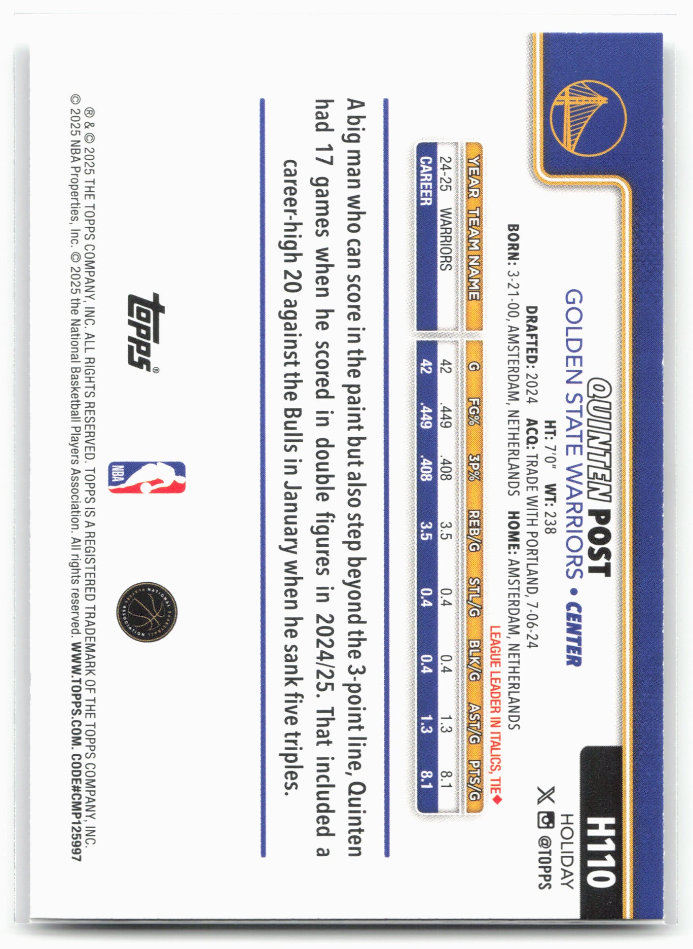 2025-26 Topps Holiday #H110 Quinten Post