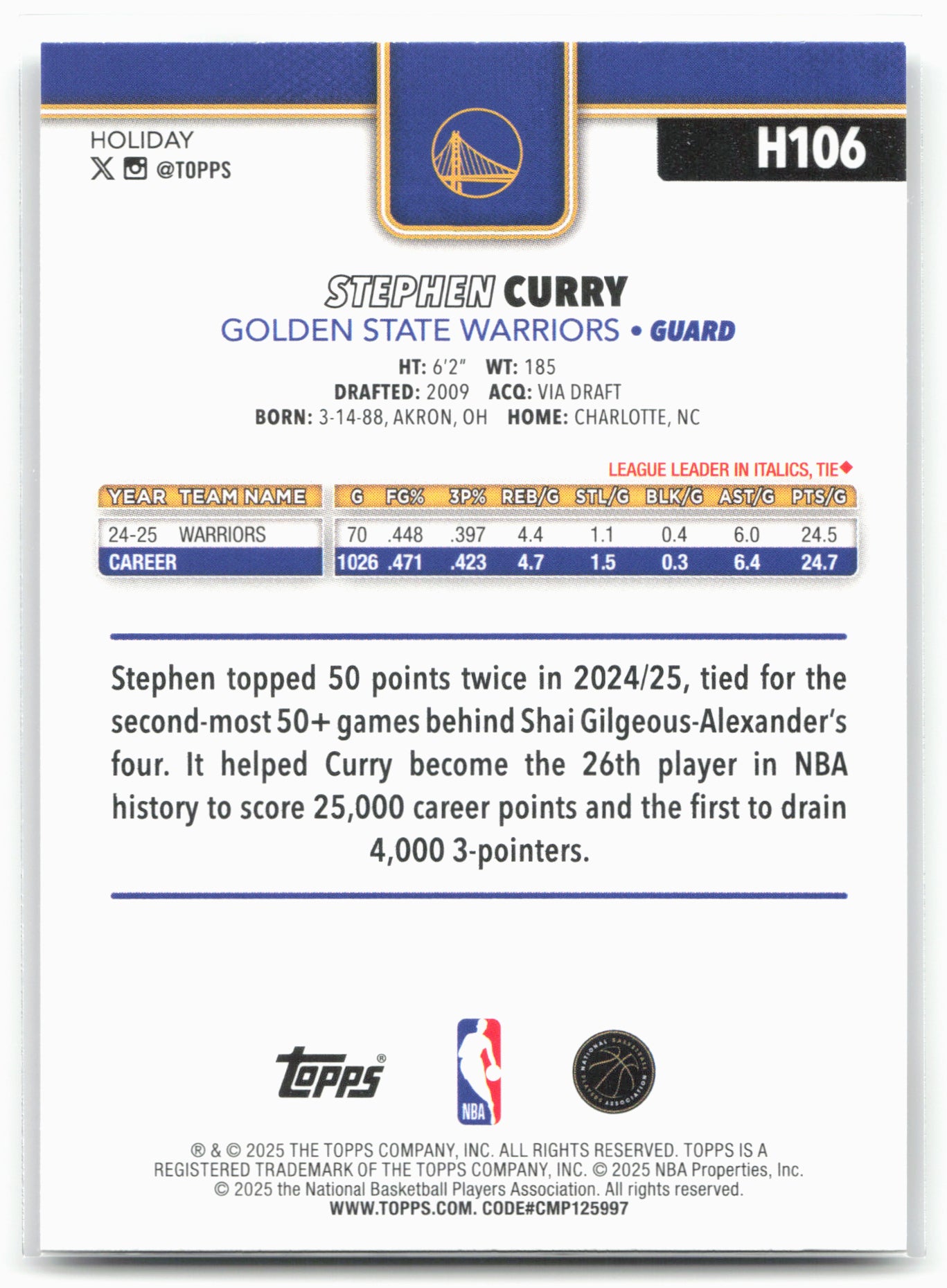 2025-26 Topps Holiday #H106 Stephen Curry