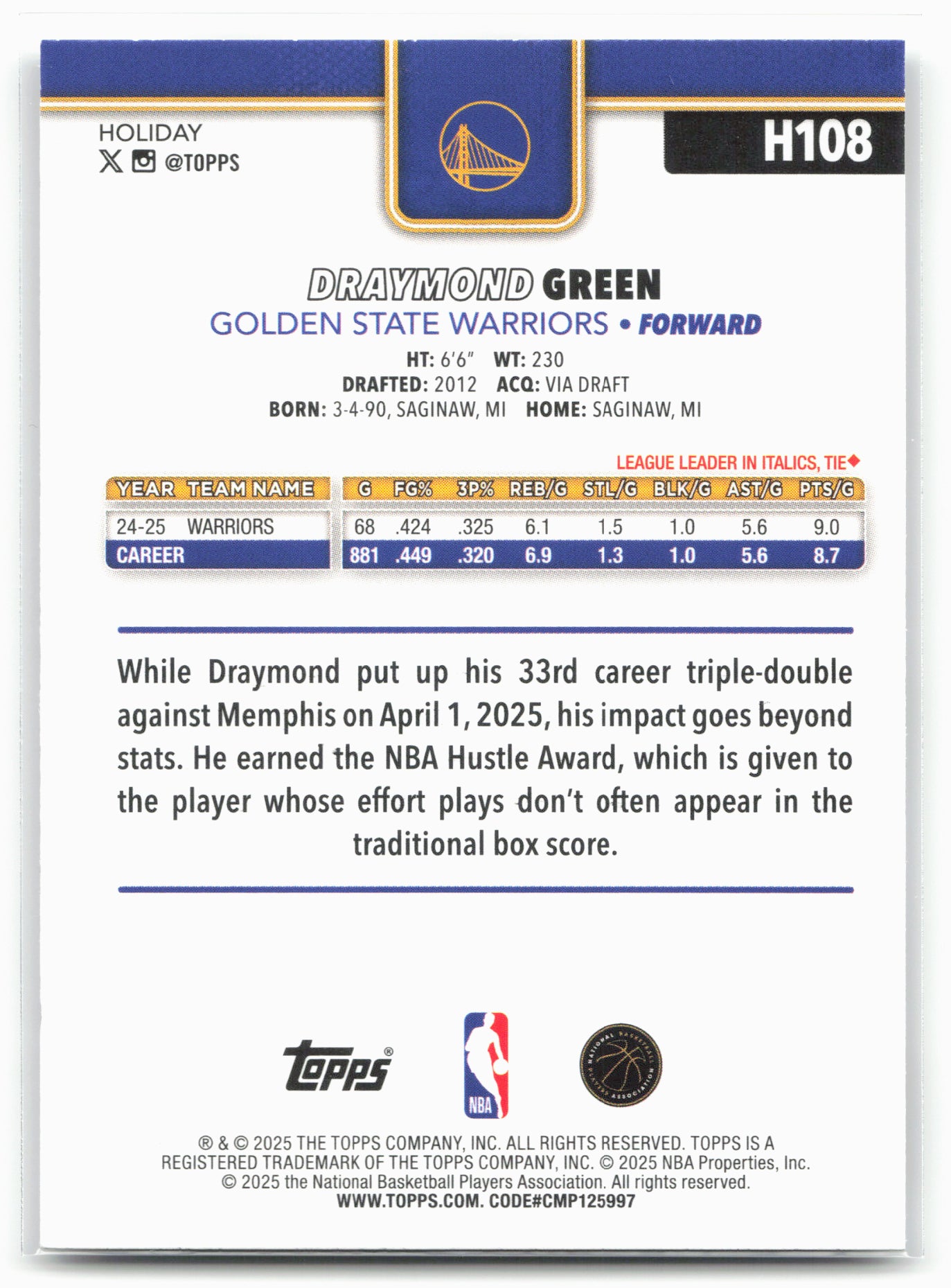2025-26 Topps Holiday #H108 Draymond Green