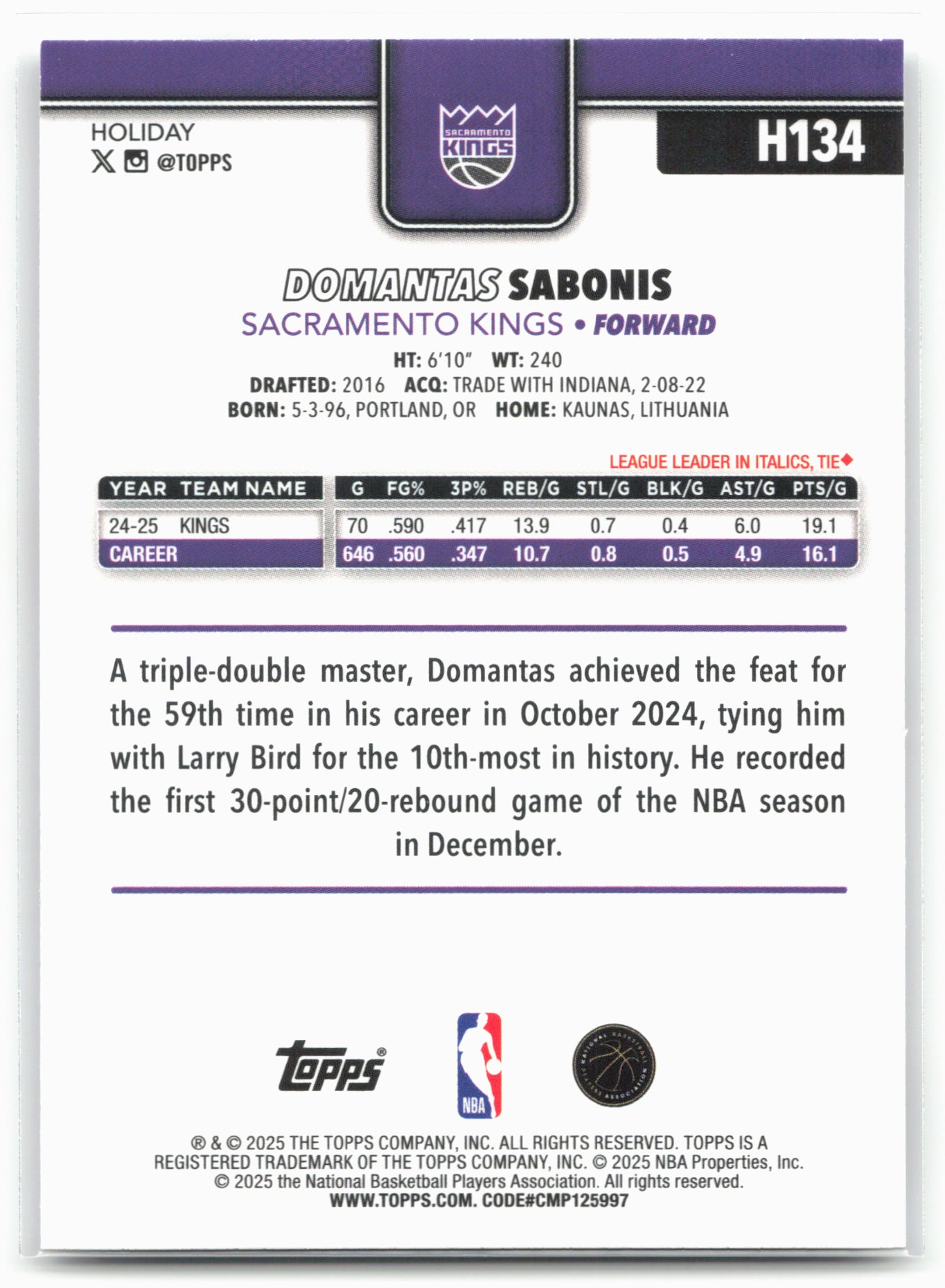 2025-26 Topps Holiday #H134 Domantas Sabonis