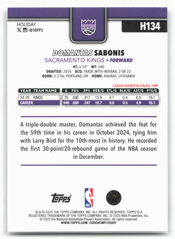2025-26 Topps Holiday #H134 Domantas Sabonis