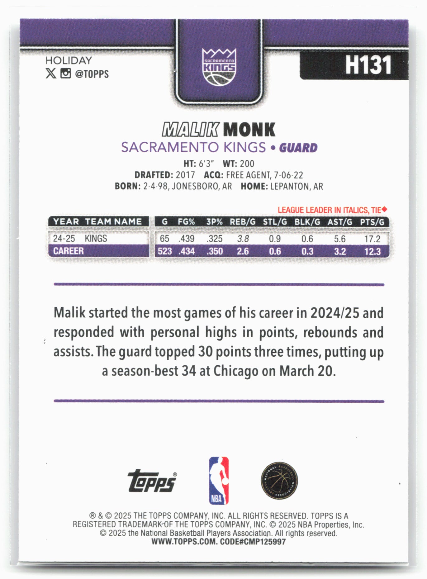2025-26 Topps Holiday #H131 Malik Monk