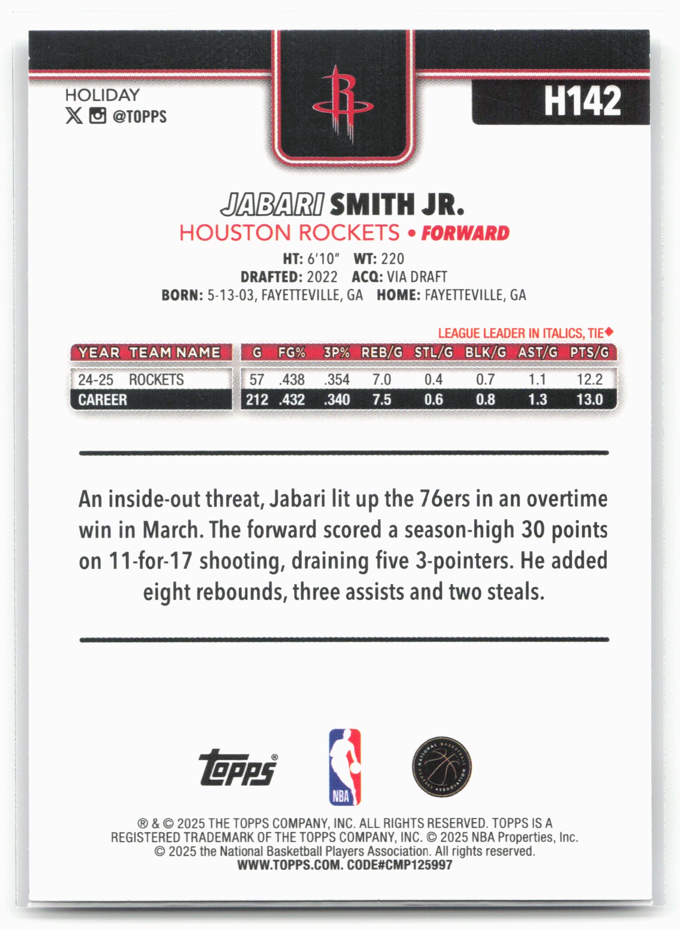 2025-26 Topps Holiday #H142 Jabari Smith Jr.